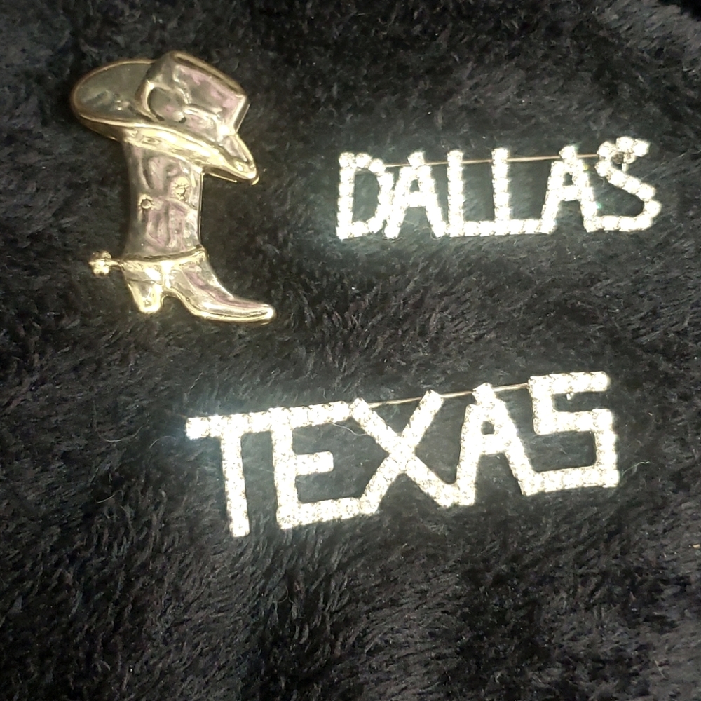 Dallas, Texas and boot brooch/pins